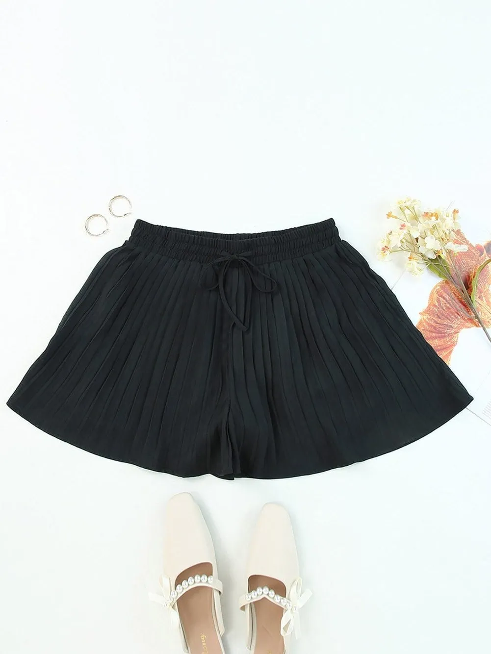 Black Flowy Pleated Shorts with Drawstring Waist