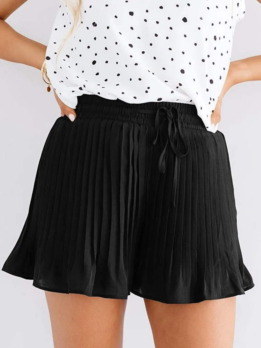 Black Flowy Pleated Shorts with Drawstring Waist