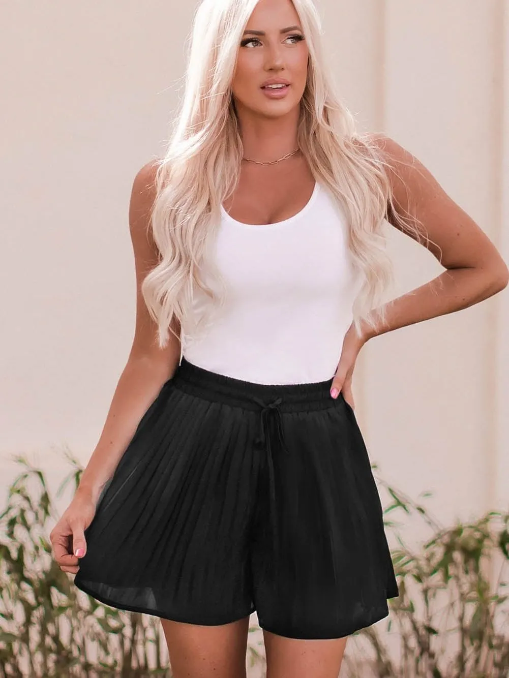 Black Flowy Pleated Shorts with Drawstring Waist