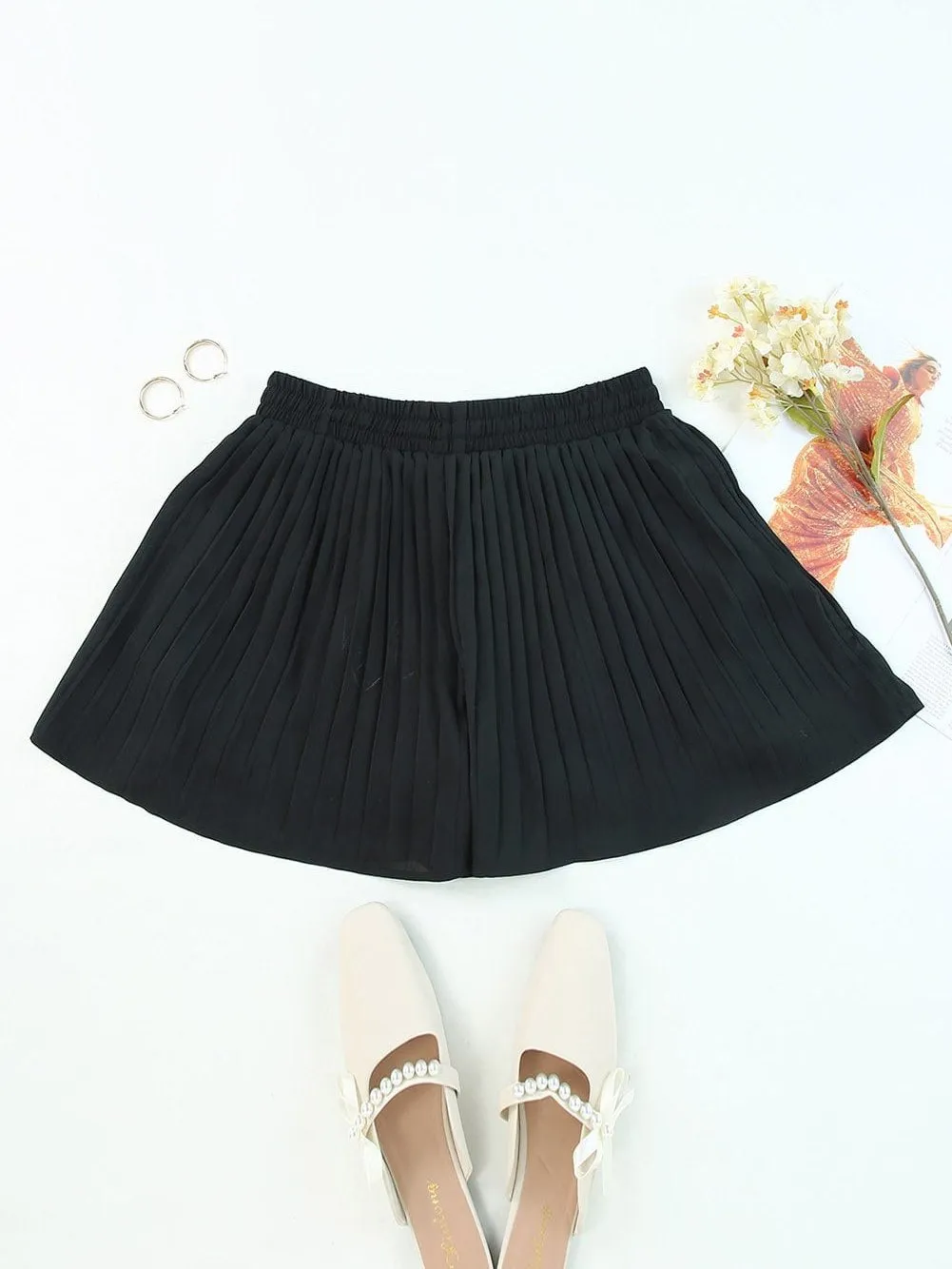 Black Flowy Pleated Shorts with Drawstring Waist