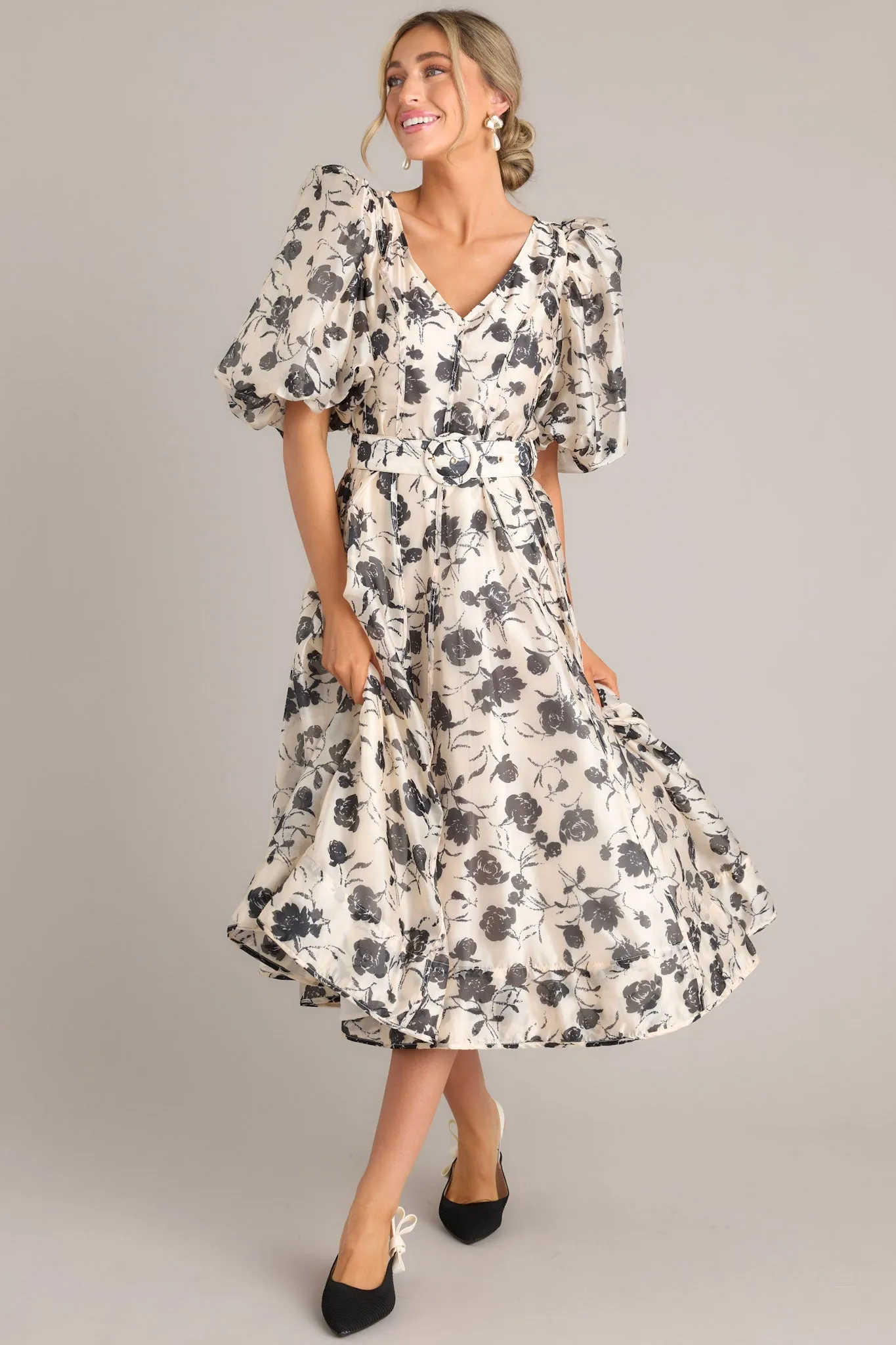 Blossoming Resilience Ivory & Black Floral Belted Midi Dress