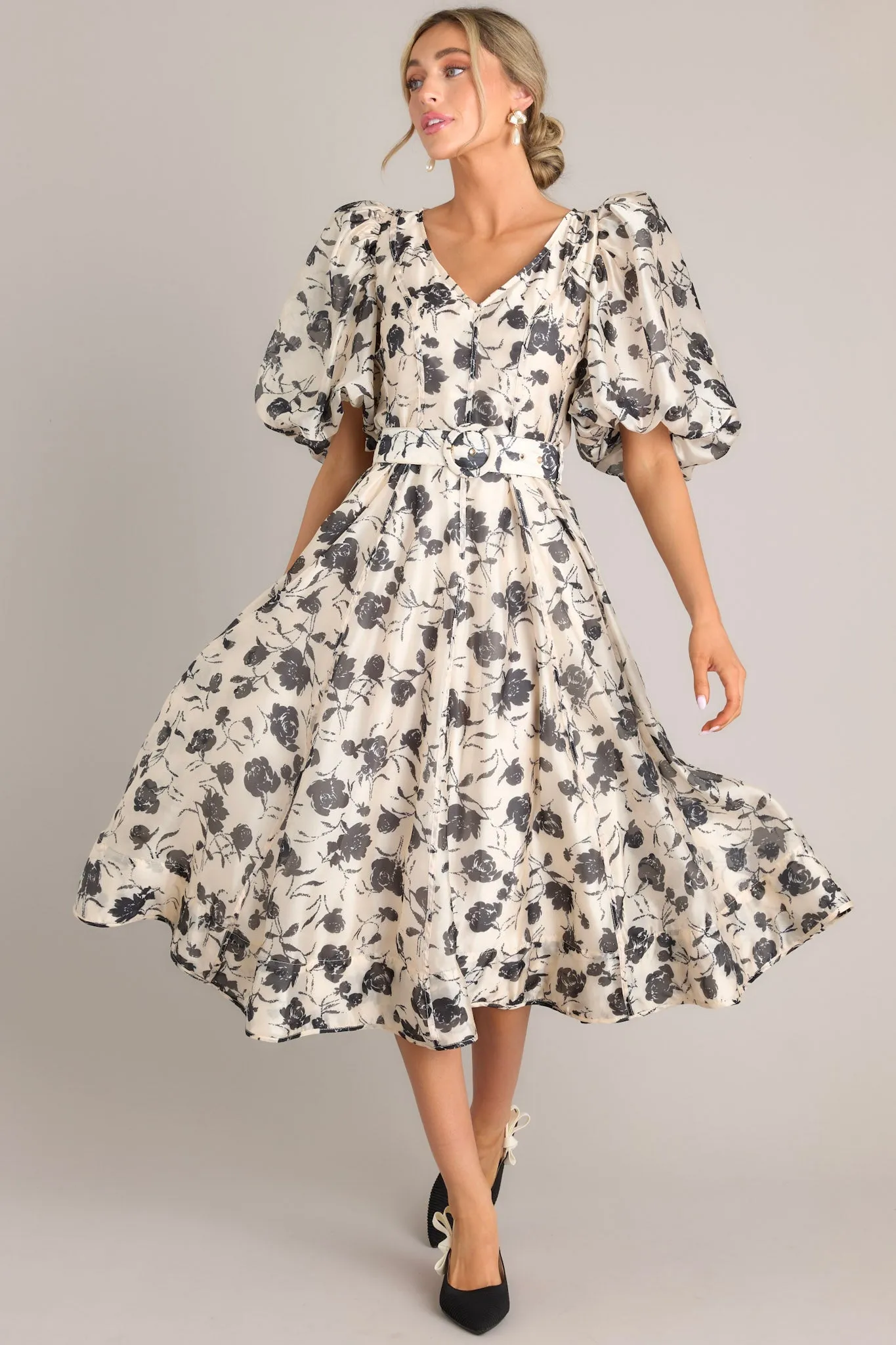 Blossoming Resilience Ivory & Black Floral Belted Midi Dress