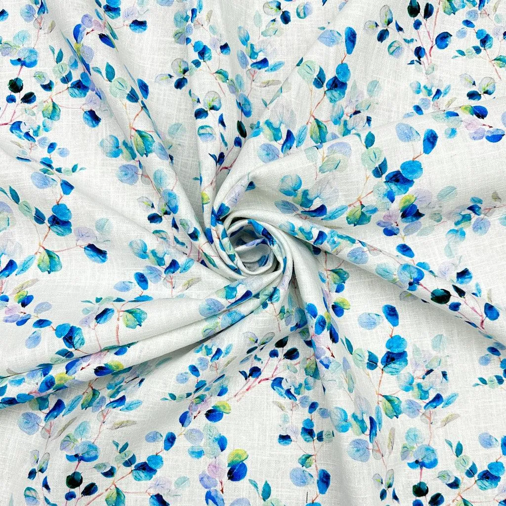 Blue Blossoming Branches Linen Blend Fabric