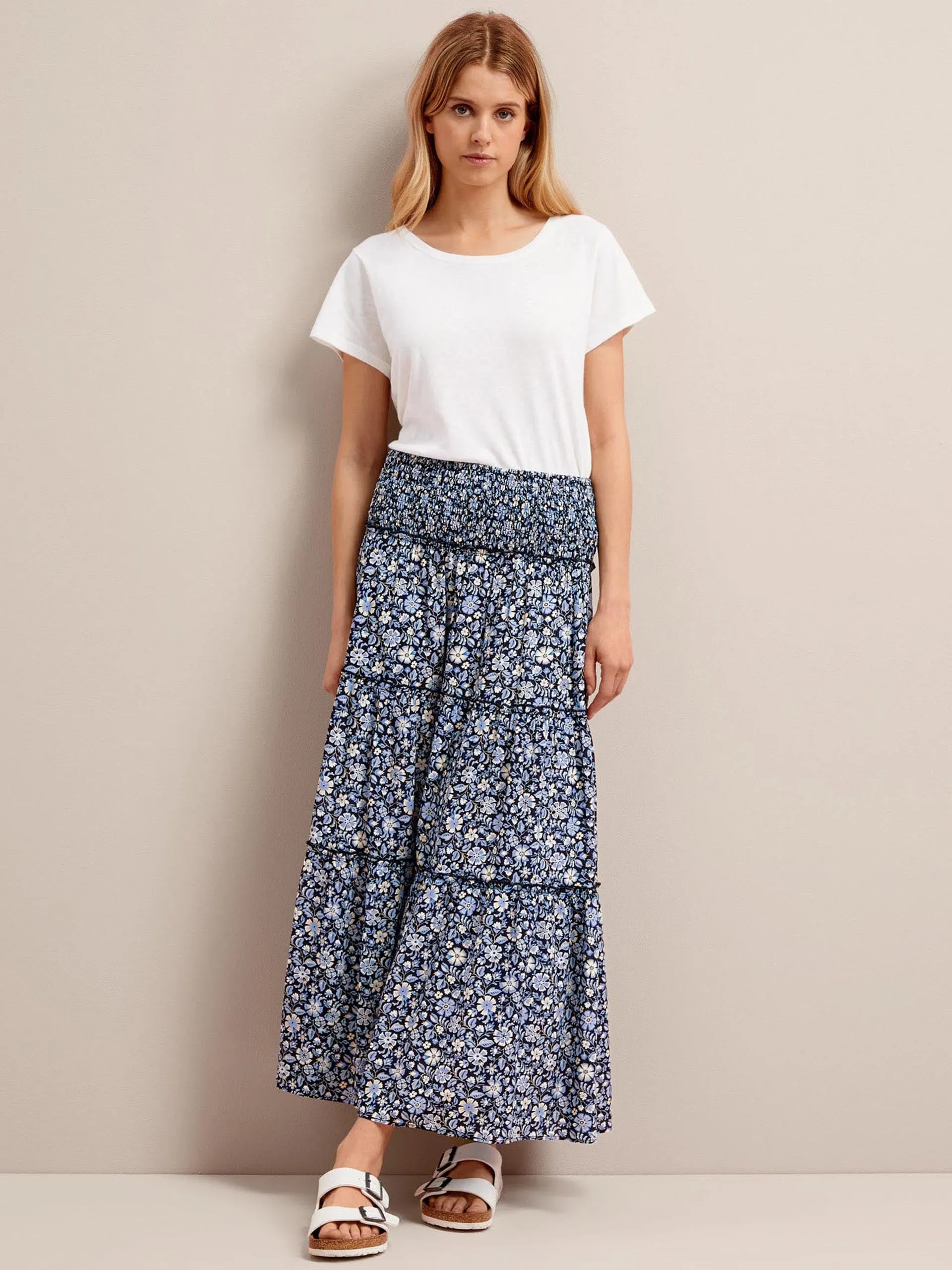 Blue ditsy carnation print Kira cotton blend maxi skirt