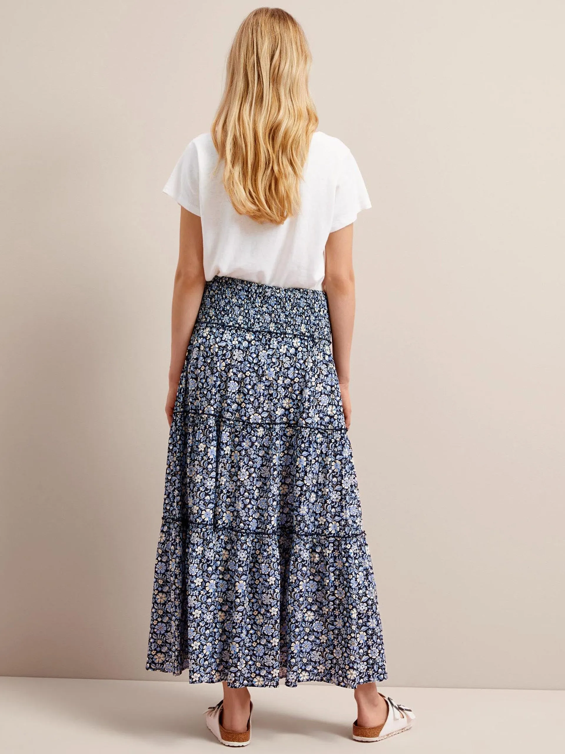 Blue ditsy carnation print Kira cotton blend maxi skirt