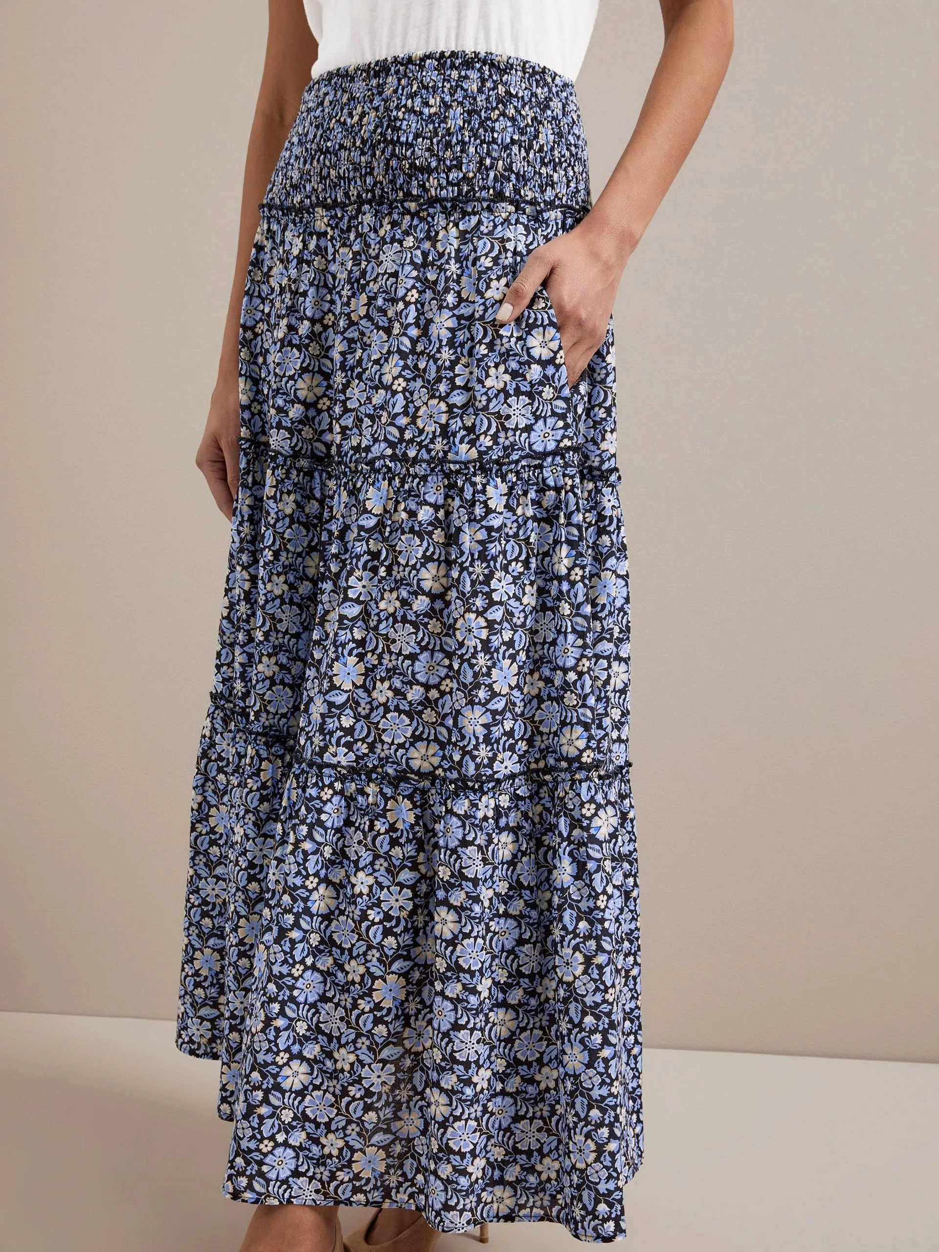 Blue ditsy carnation print Kira cotton blend maxi skirt