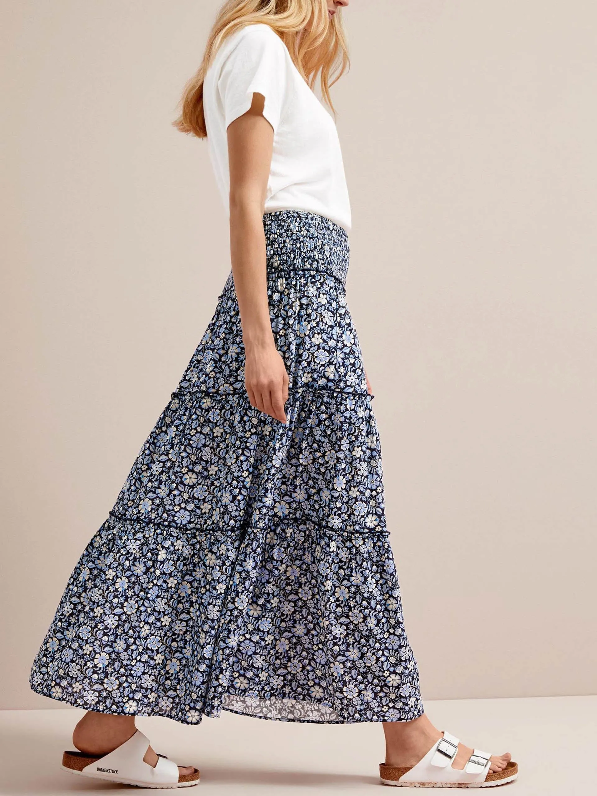 Blue ditsy carnation print Kira cotton blend maxi skirt