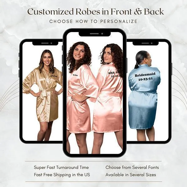 Bridesmaid Robe Set of 7, Personalized Robes in Front & Back, 26 Colors, 3T-6XL