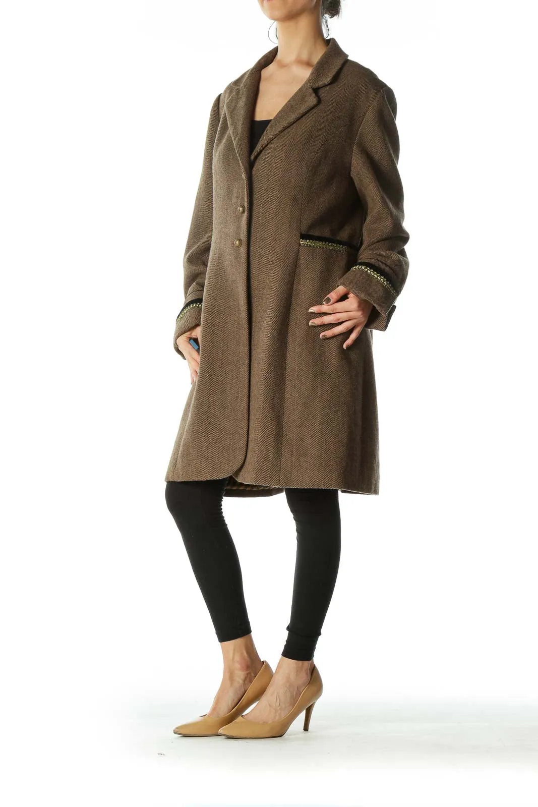 Brown Black Harringbone Metallic and Velvet Accents Coat