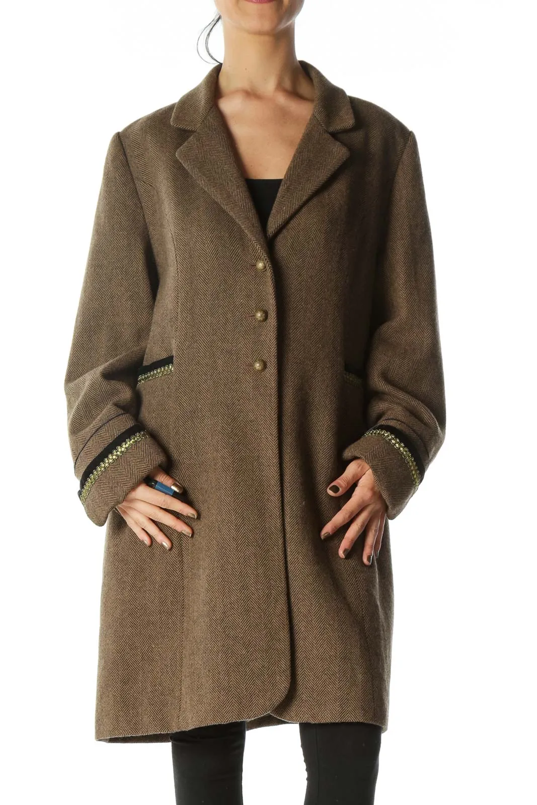 Brown Black Harringbone Metallic and Velvet Accents Coat