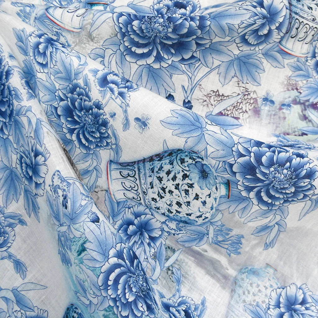 Ceramic Floral Digital Print Linen Shirting Blue