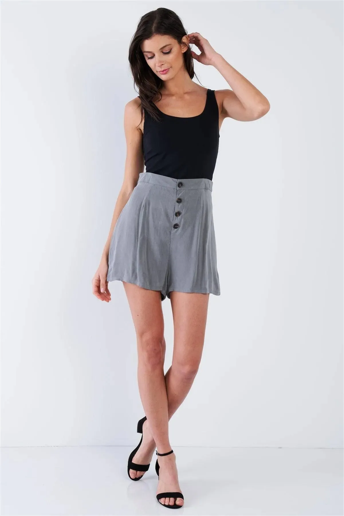 Charcoal Grey Casual Chic Mini Front Button Shorts /4-2-1