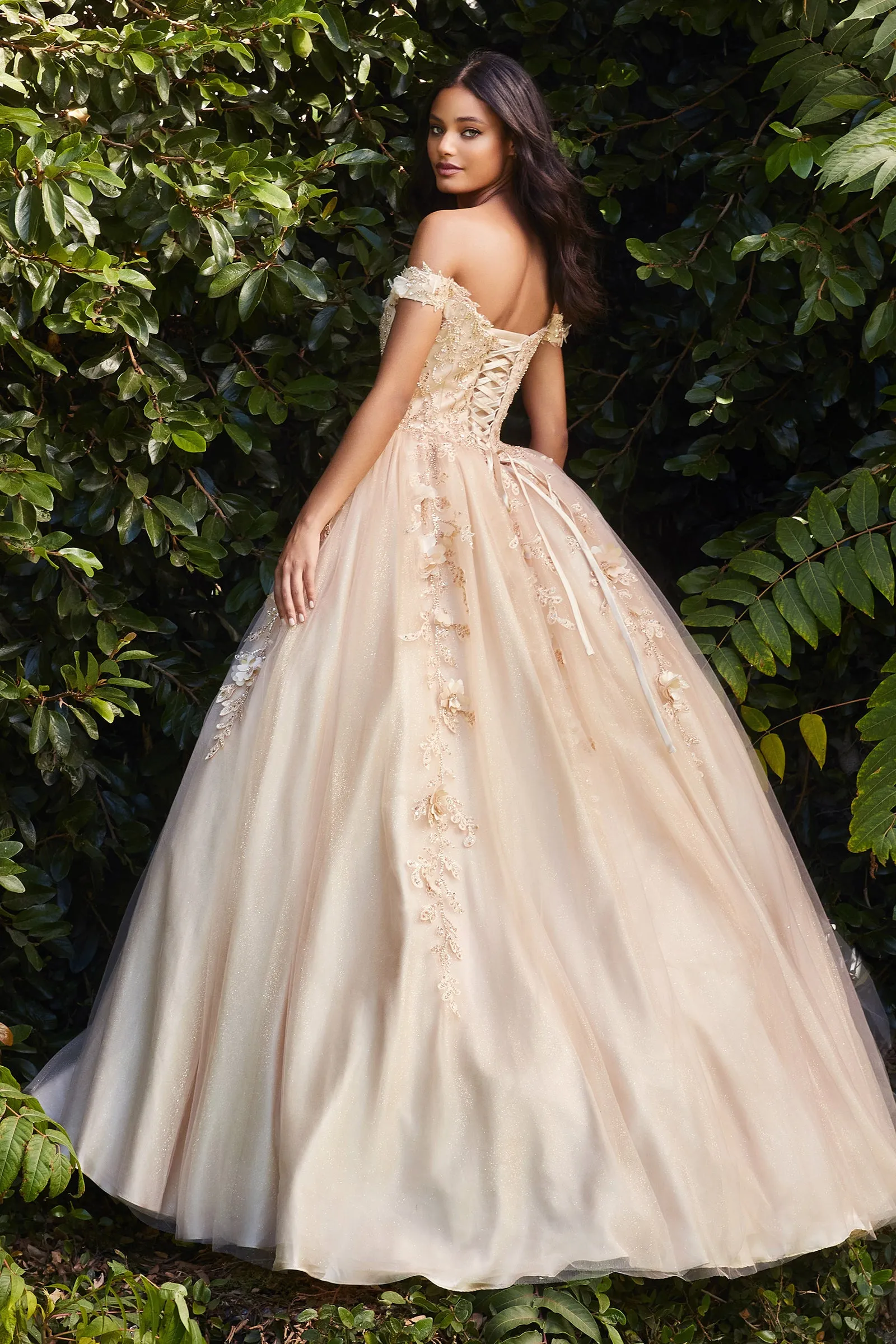 CINDERELLA DIVINE CD0185 3D Floral Layered Off-Shoulder Gown