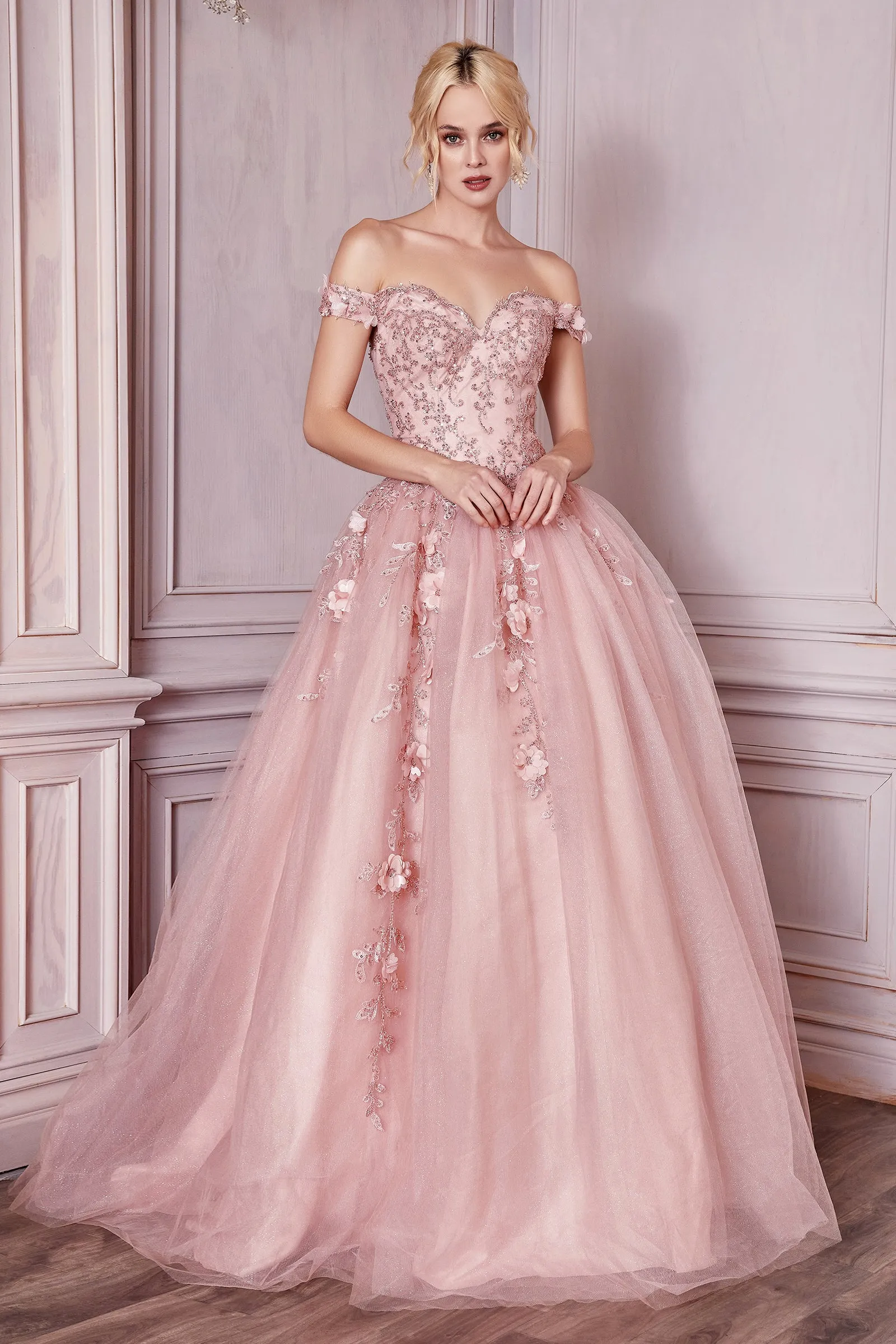 CINDERELLA DIVINE CD0185 3D Floral Layered Off-Shoulder Gown