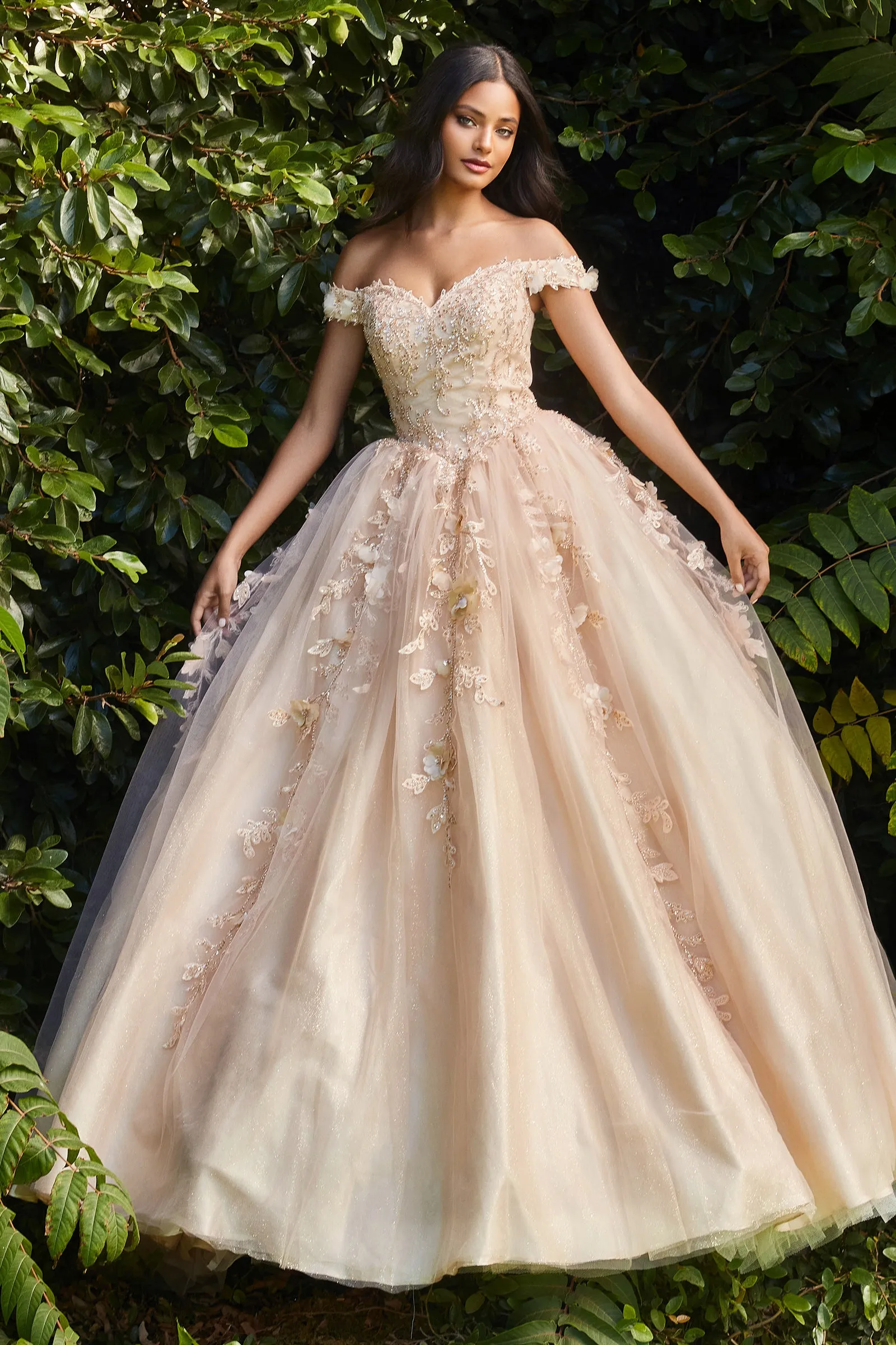 CINDERELLA DIVINE CD0185 3D Floral Layered Off-Shoulder Gown