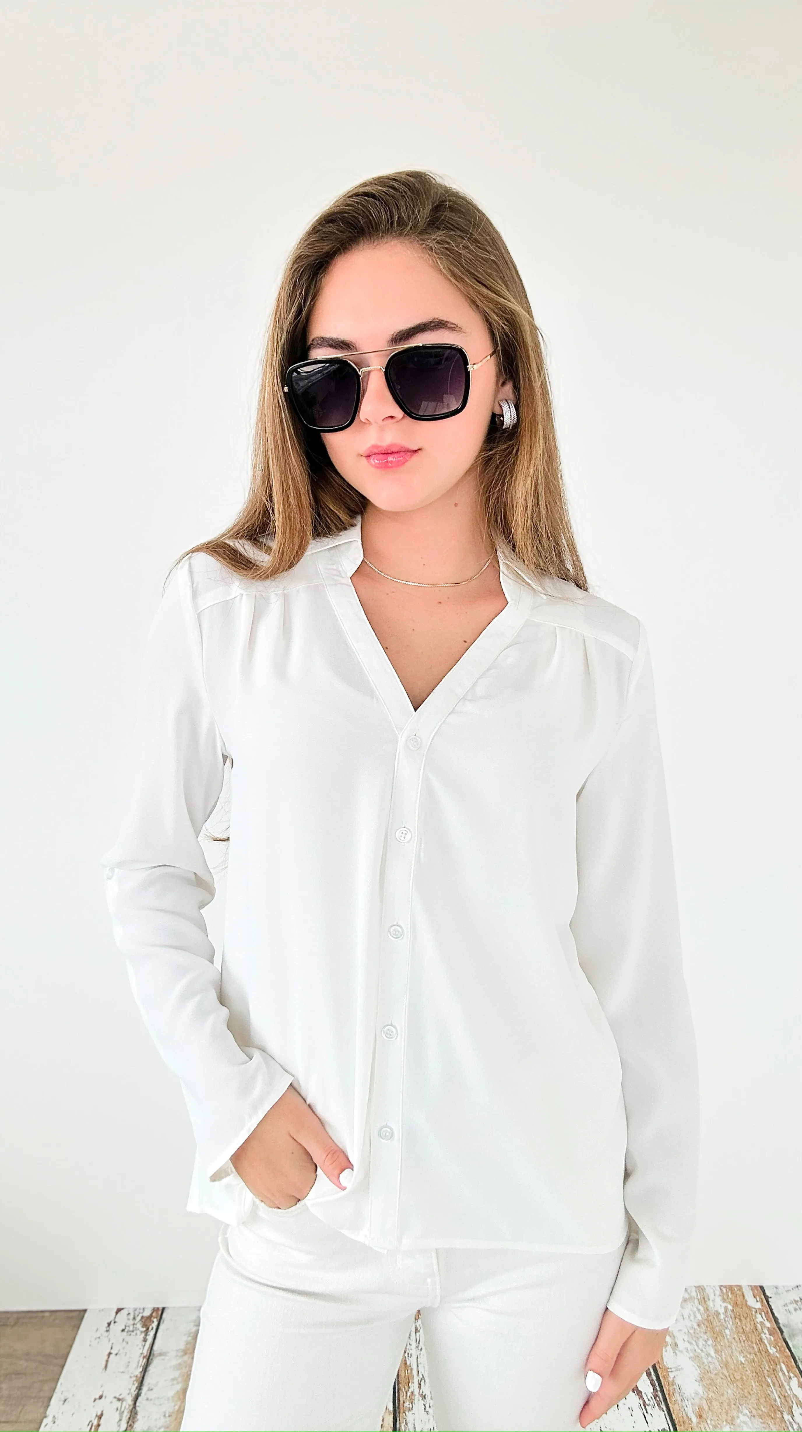 Classic Breeze Roll-Tab Blouse Top - Off White