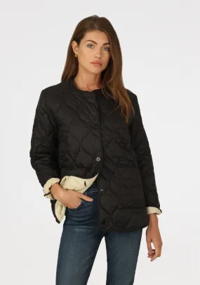 Collarless Quilted Jacket w/ Contrast Lining