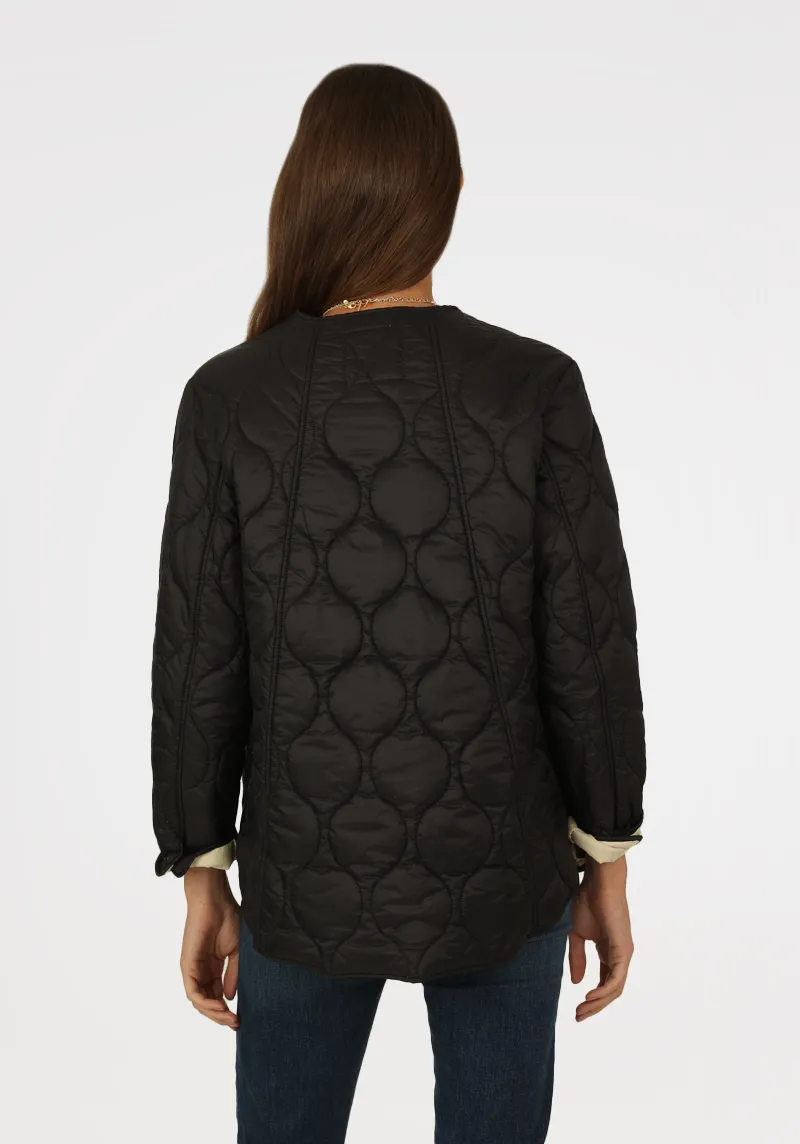 Collarless Quilted Jacket w/ Contrast Lining