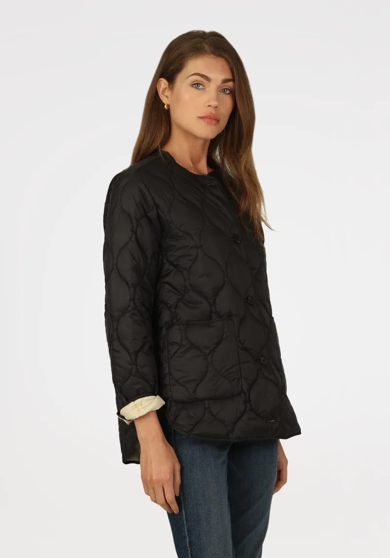 Collarless Quilted Jacket w/ Contrast Lining