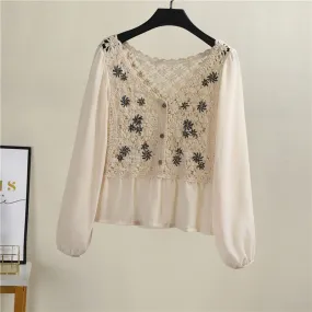 Crochet Knit Blouse with Chiffon Sleeve