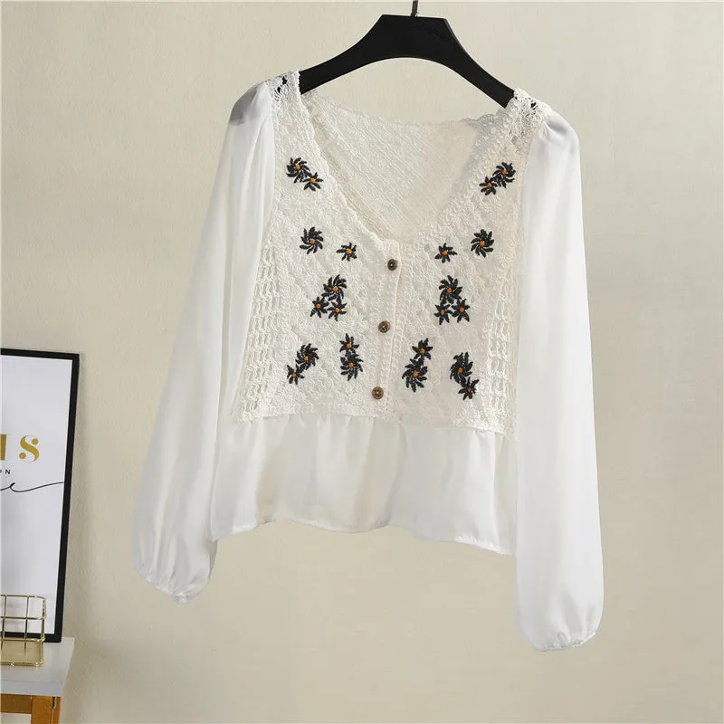 Crochet Knit Blouse with Chiffon Sleeve