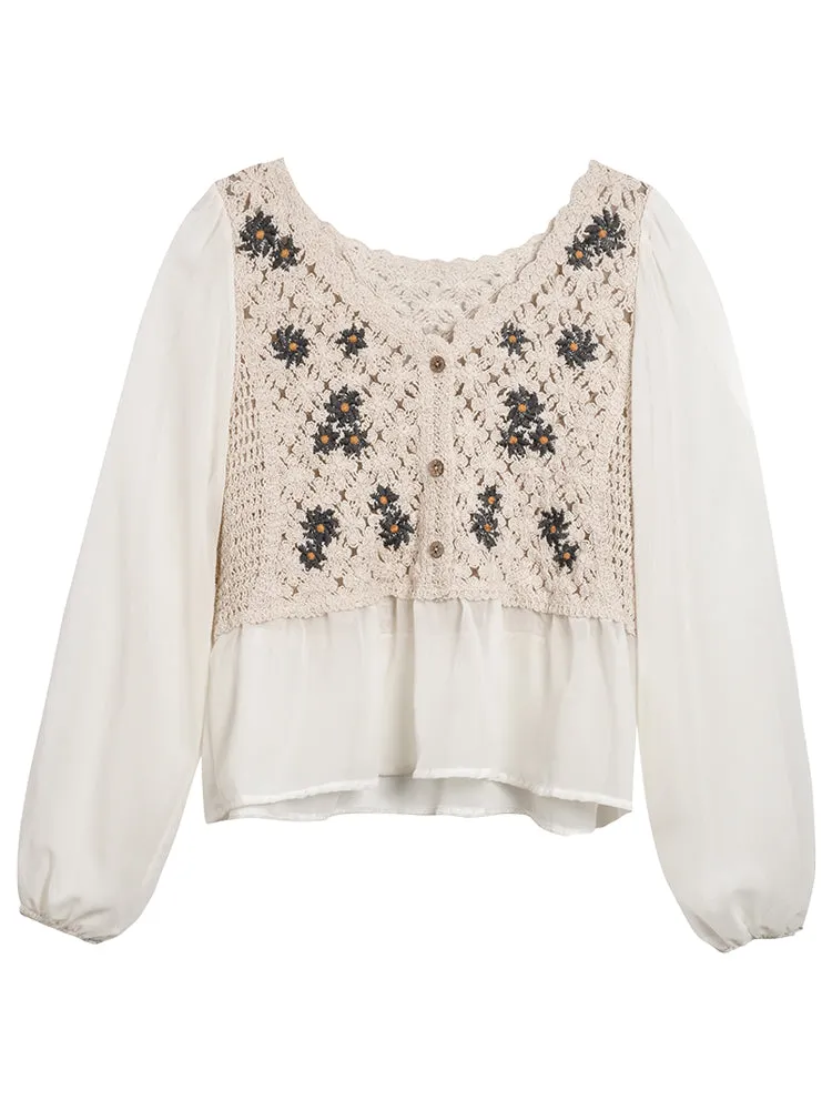 Crochet Knit Blouse with Chiffon Sleeve