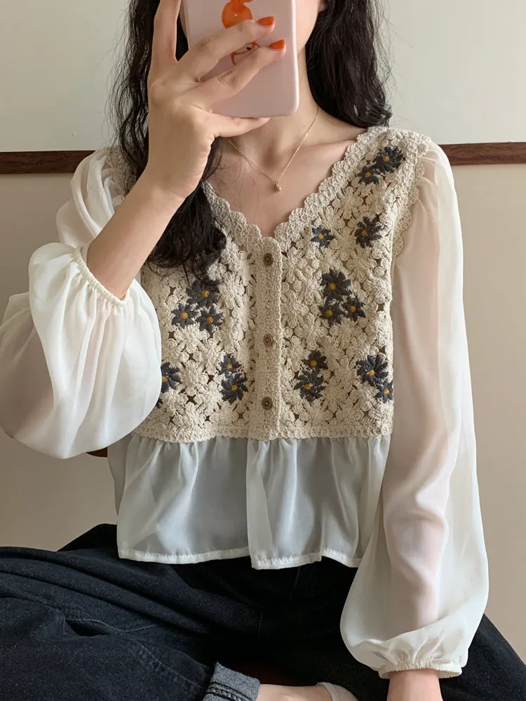 Crochet Knit Blouse with Chiffon Sleeve