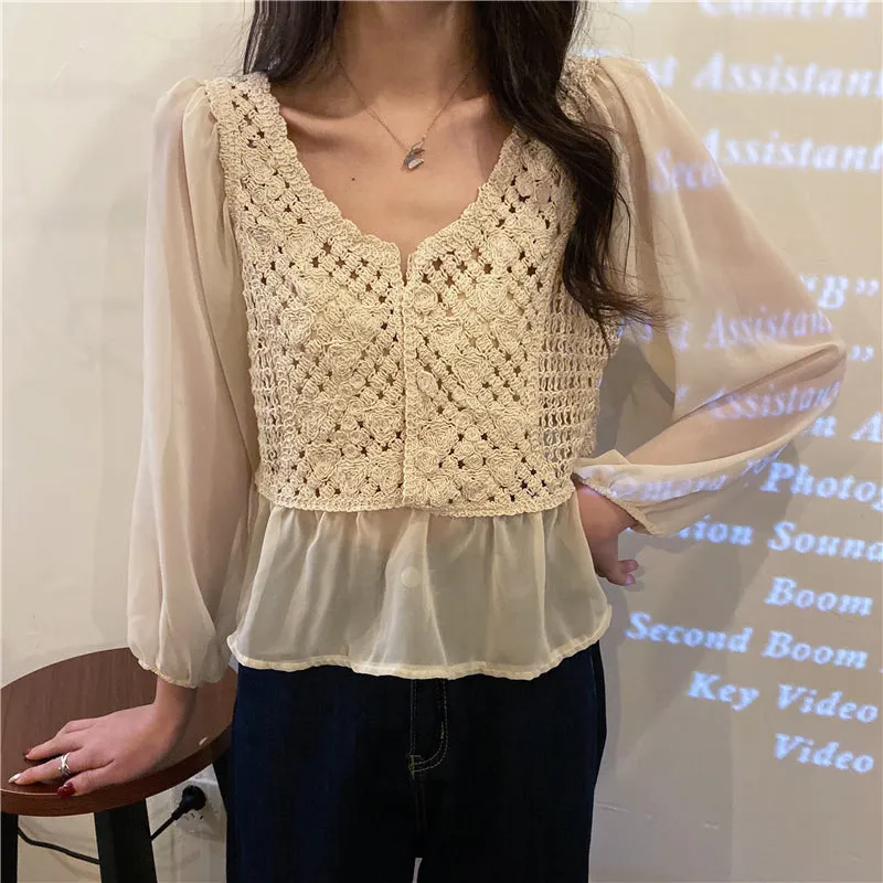 Crochet Knit Blouse with Chiffon Sleeve