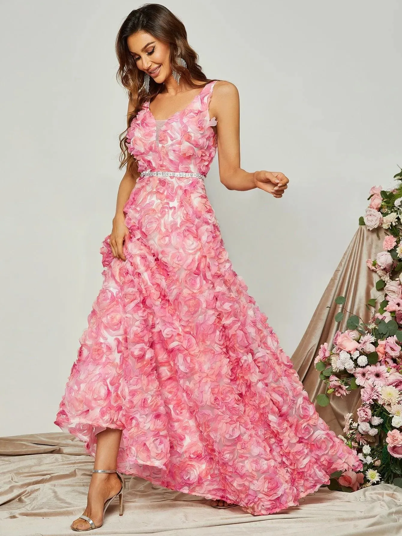 Elegant Scoop Neck Sleeveless 3D Flower A-Line Dresses