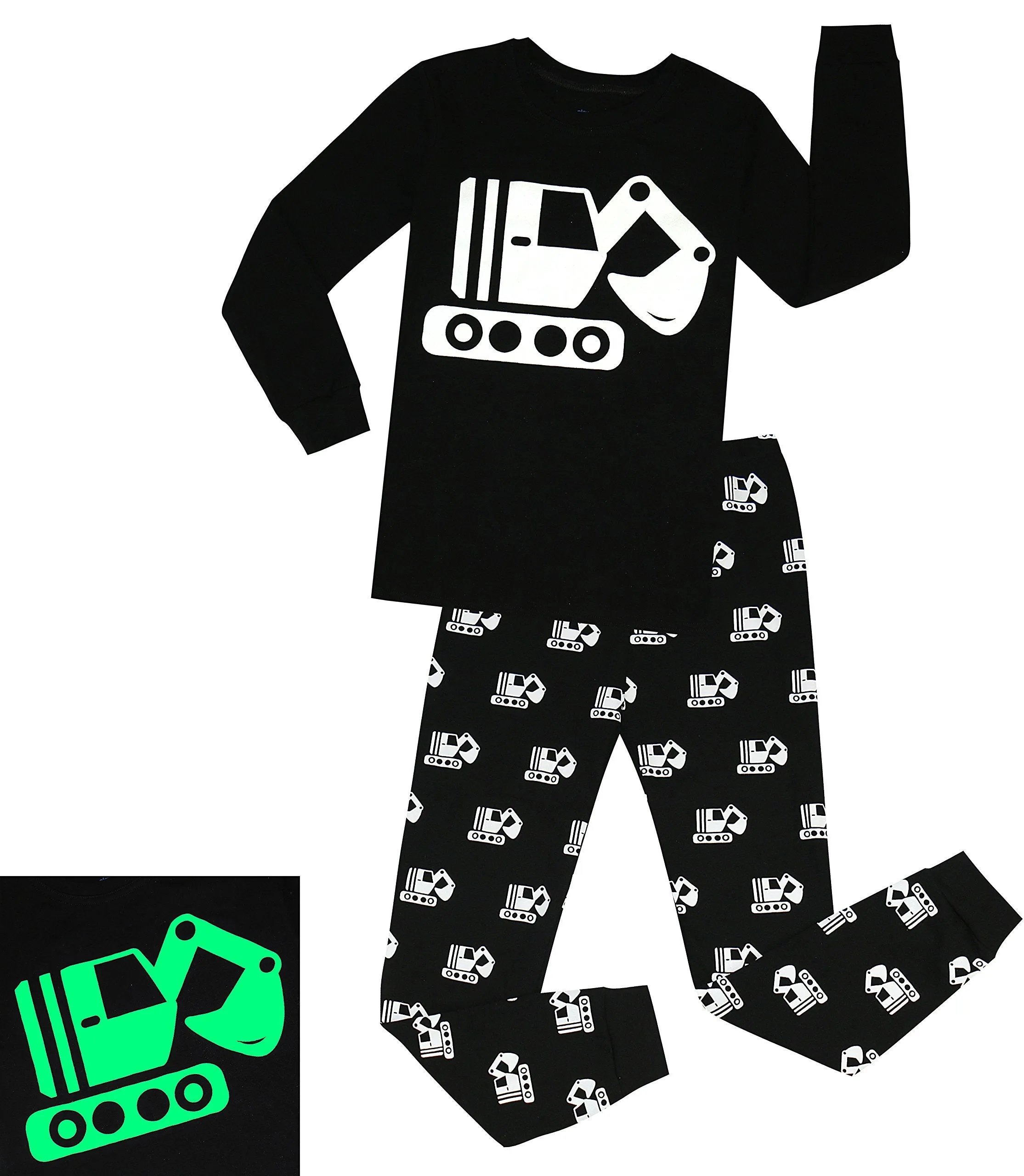 Elowel Boys Glow in The Dark Tractor 2 Piece Pajamas Pjs Set 100% Cotton (Size2Y-10Y)