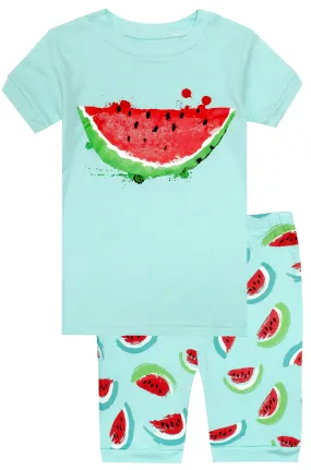 Elowel Girls Shorts Watermelon 2 Piece Pajamas Set 100% Cotton (Size Toddler-10Y)