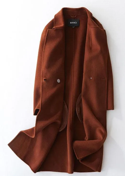 Fine chocolate woolen coats oversize mid-length coats back open coat lapel collar