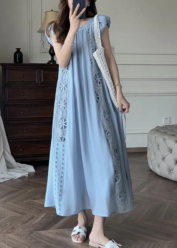 French Blue Hollow Out Embroidered Cotton Dresses Petal Sleeve EE1028