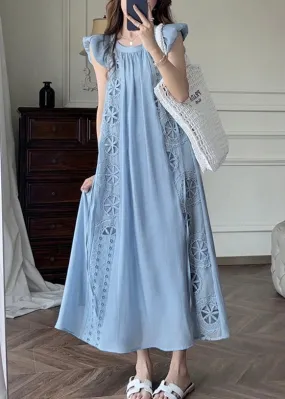 French Blue Hollow Out Embroidered Cotton Dresses Petal Sleeve EE1028