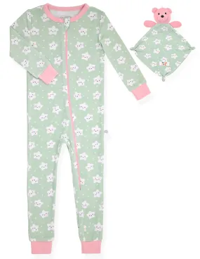 Girls Long Sleeve Super Soft Snuggle Jersey Zip-Up Coverall Pajama with Blankey Buddy- Smiley Stars.