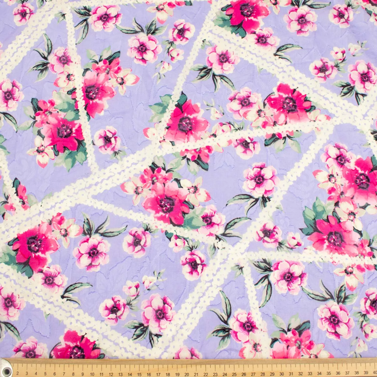 Japanese Pure Cotton Lawn Prints Design-153 Pink Flowers and White Lace Stripes on Lavender