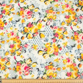 Japanese Pure Cotton Lawn Prints Design-168 Yellow Florals & Grey Dots on White