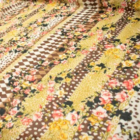 Japanese Pure Cotton Lawn Prints Design-175 Red Floral Vines & Brown Rhombus on Yellow