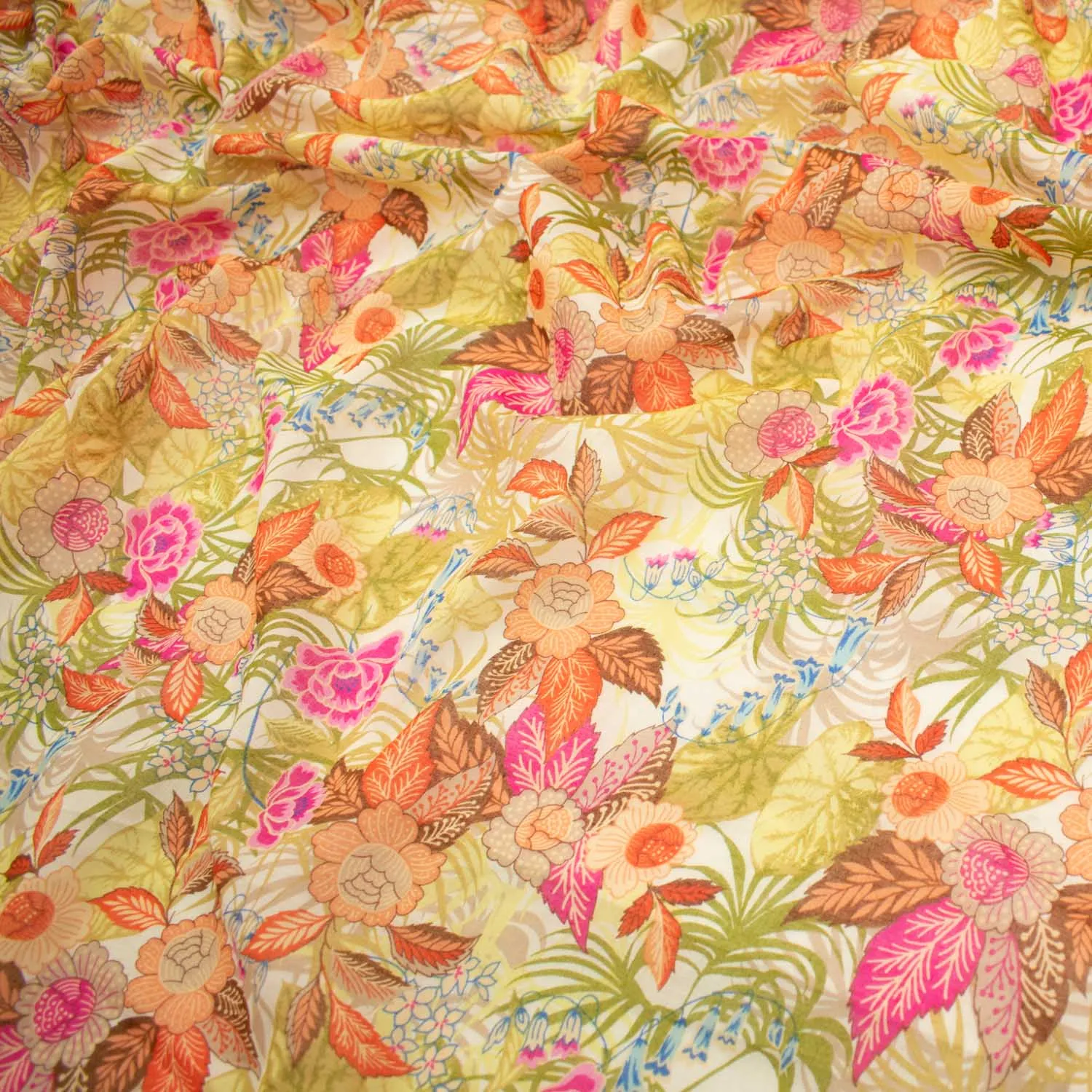 Japanese Pure Cotton Lawn Prints Design-195 Orange Florals & Green Leaves on Ivory