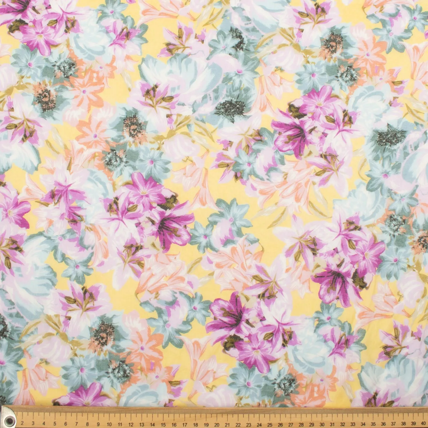 Japanese Pure Cotton Lawn Prints Design-208 Large Cerise Pink & Teal Flowers on Pale Yellow