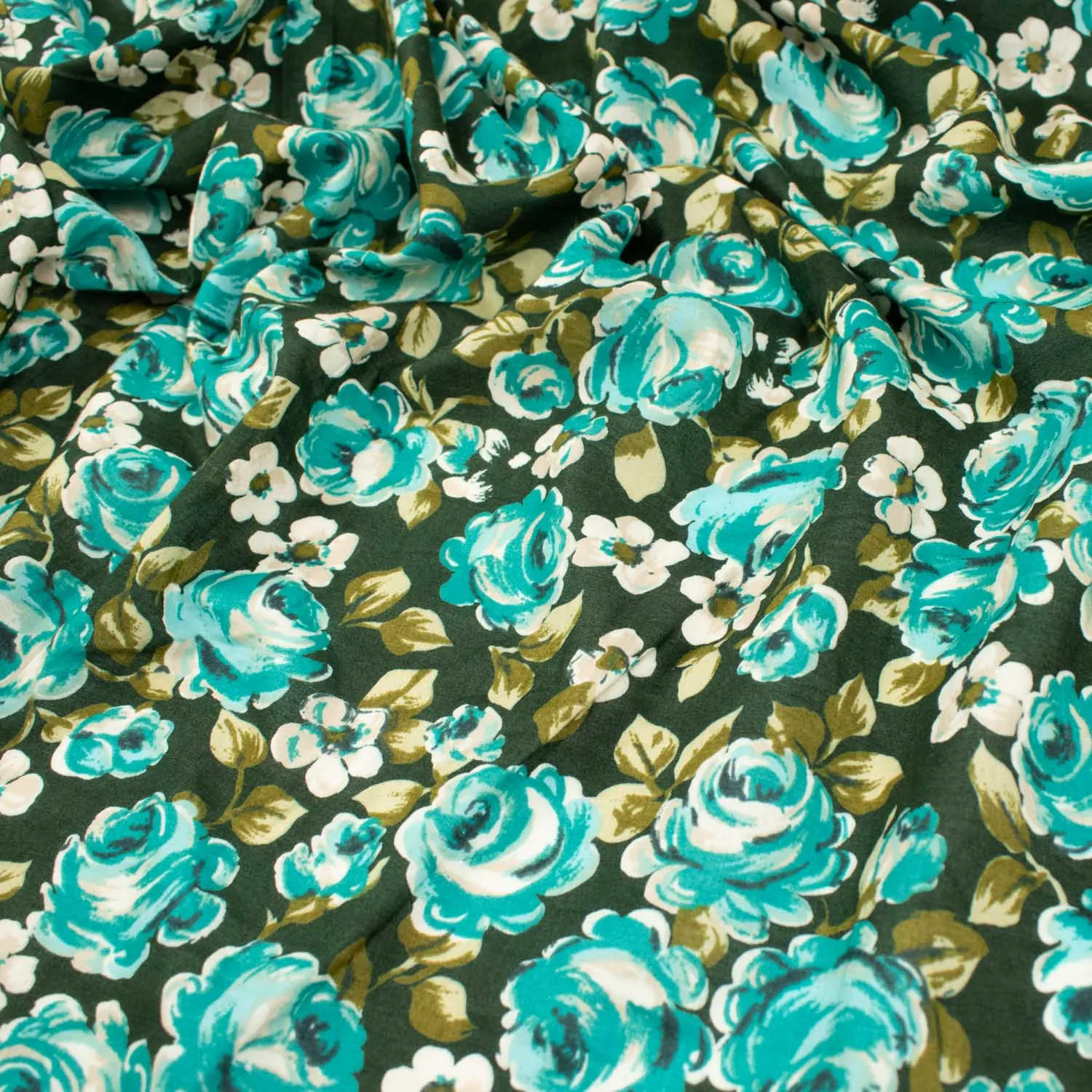 Japanese Pure Cotton Lawn Prints DF-223 Turquoise Roses on Dark Green