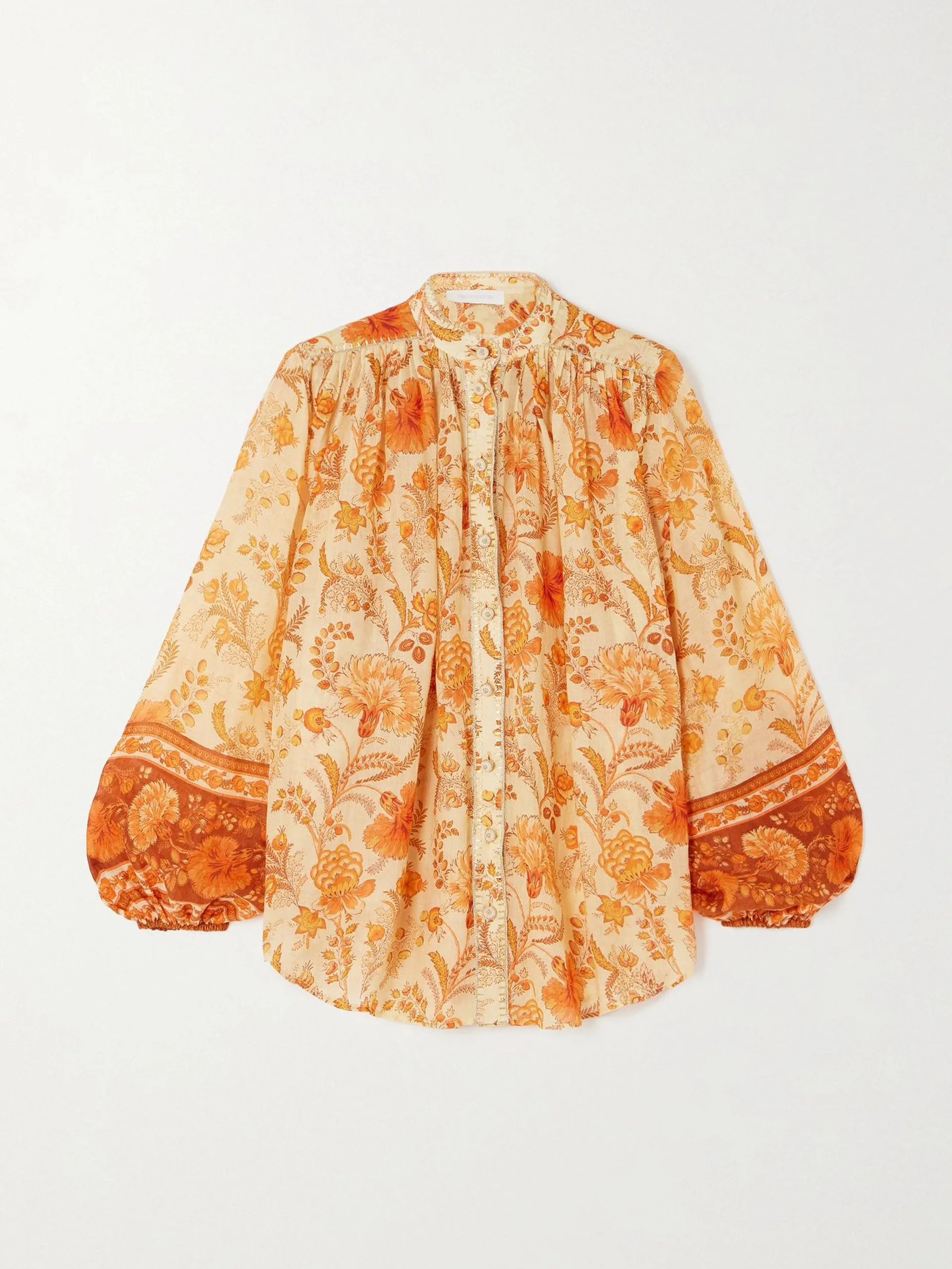 Junie gathered embellished floral-print ramie blouse