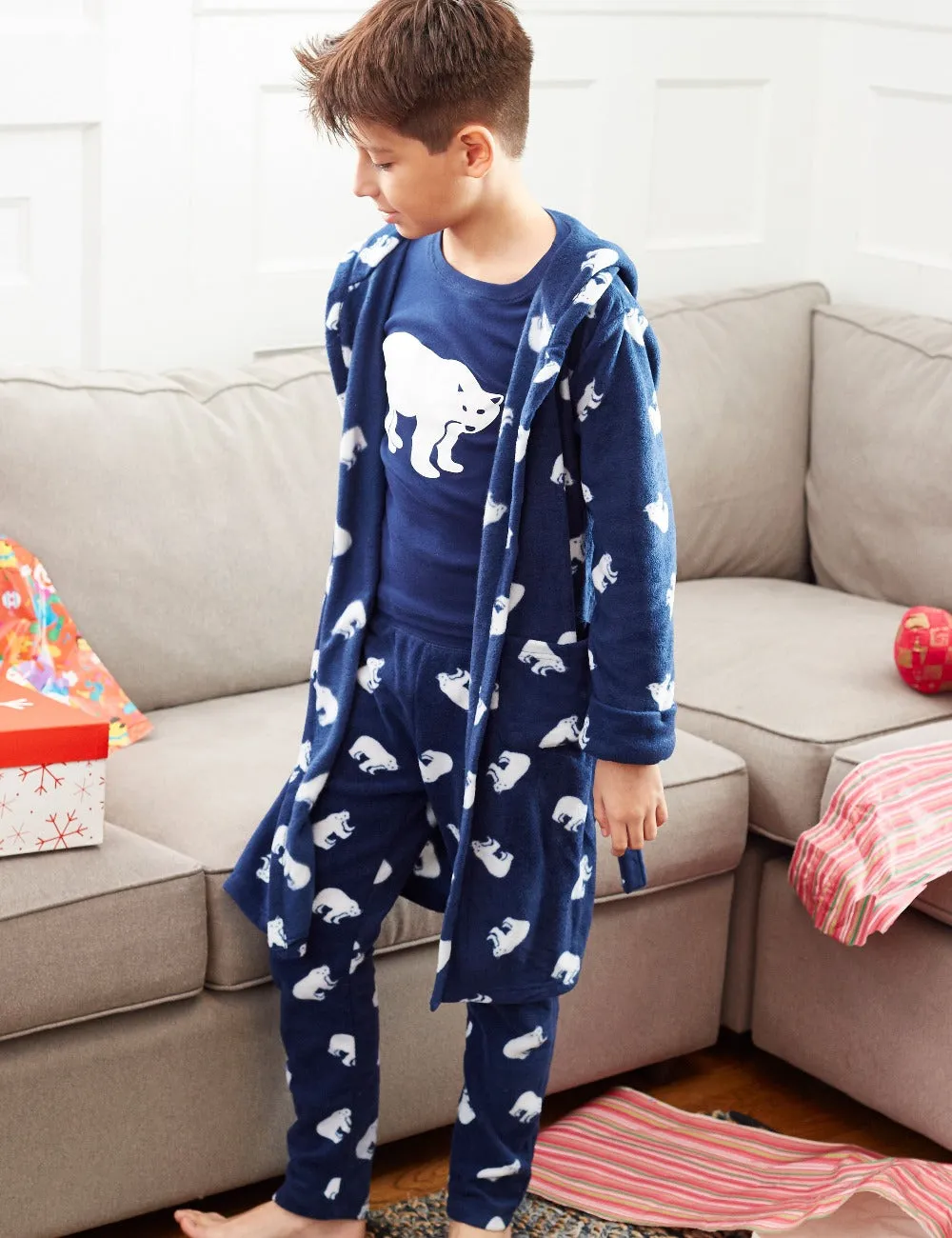 Kid's Christmas Animal Print Hooded Fleece Robe