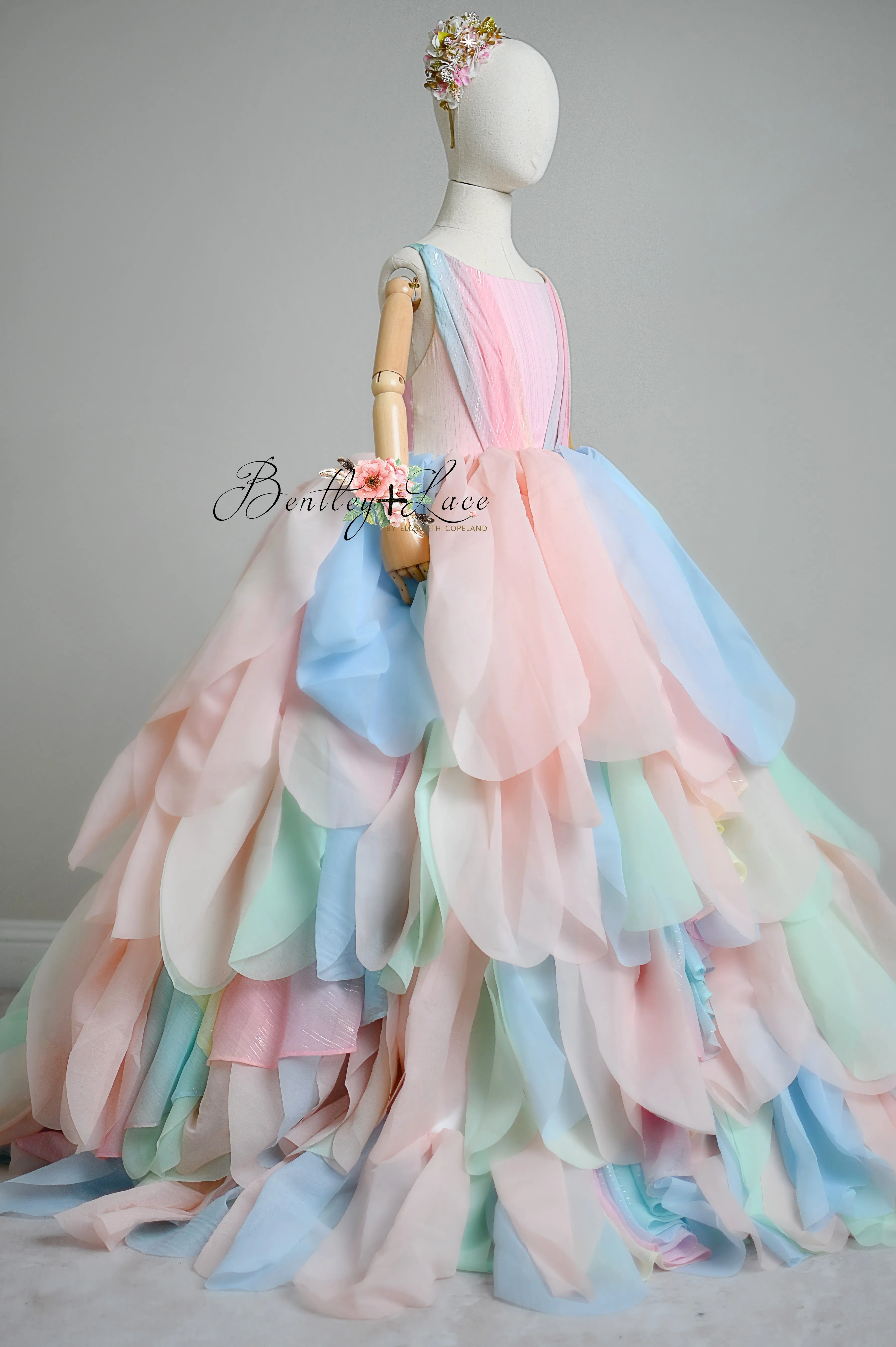 Limited Edition Couture Rental Gown "Petal Whispers" Pastel -  Floor Length Dress  ( 7 Year - Petite 10 Year)