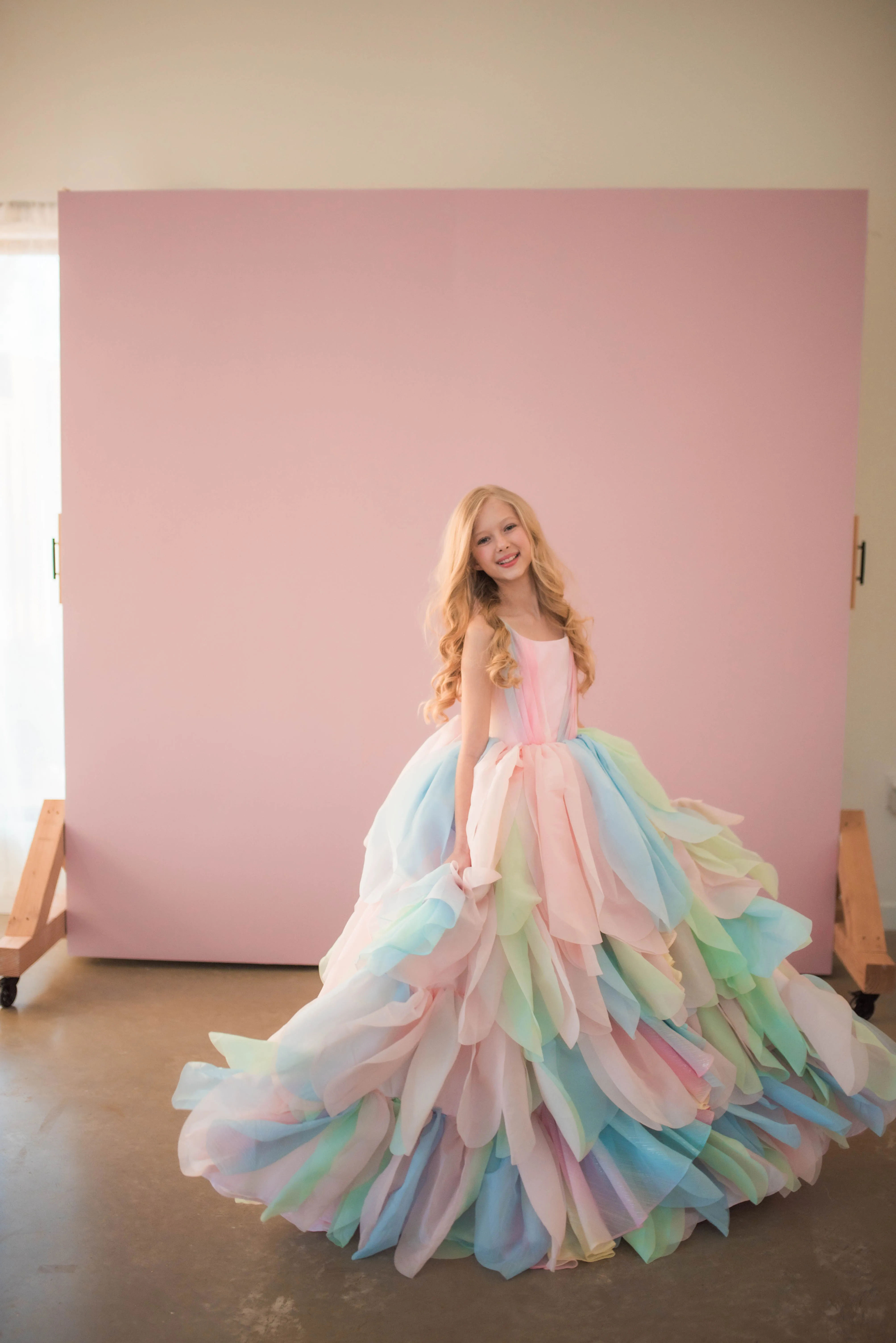 Limited Edition Couture Rental Gown "Petal Whispers" Pastel -  Floor Length Dress  ( 7 Year - Petite 10 Year)