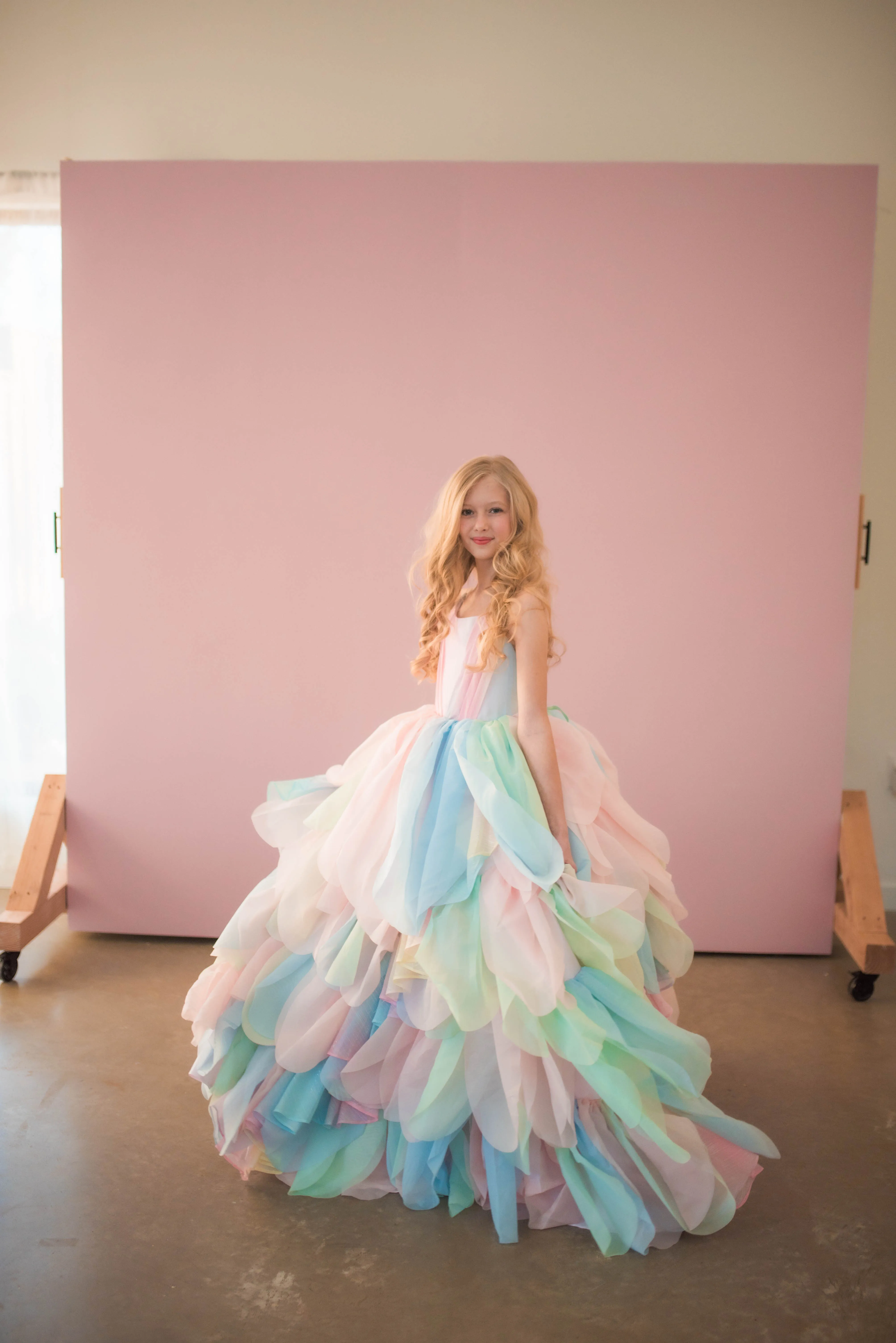 Limited Edition Couture Rental Gown "Petal Whispers" Pastel -  Floor Length Dress  ( 7 Year - Petite 10 Year)