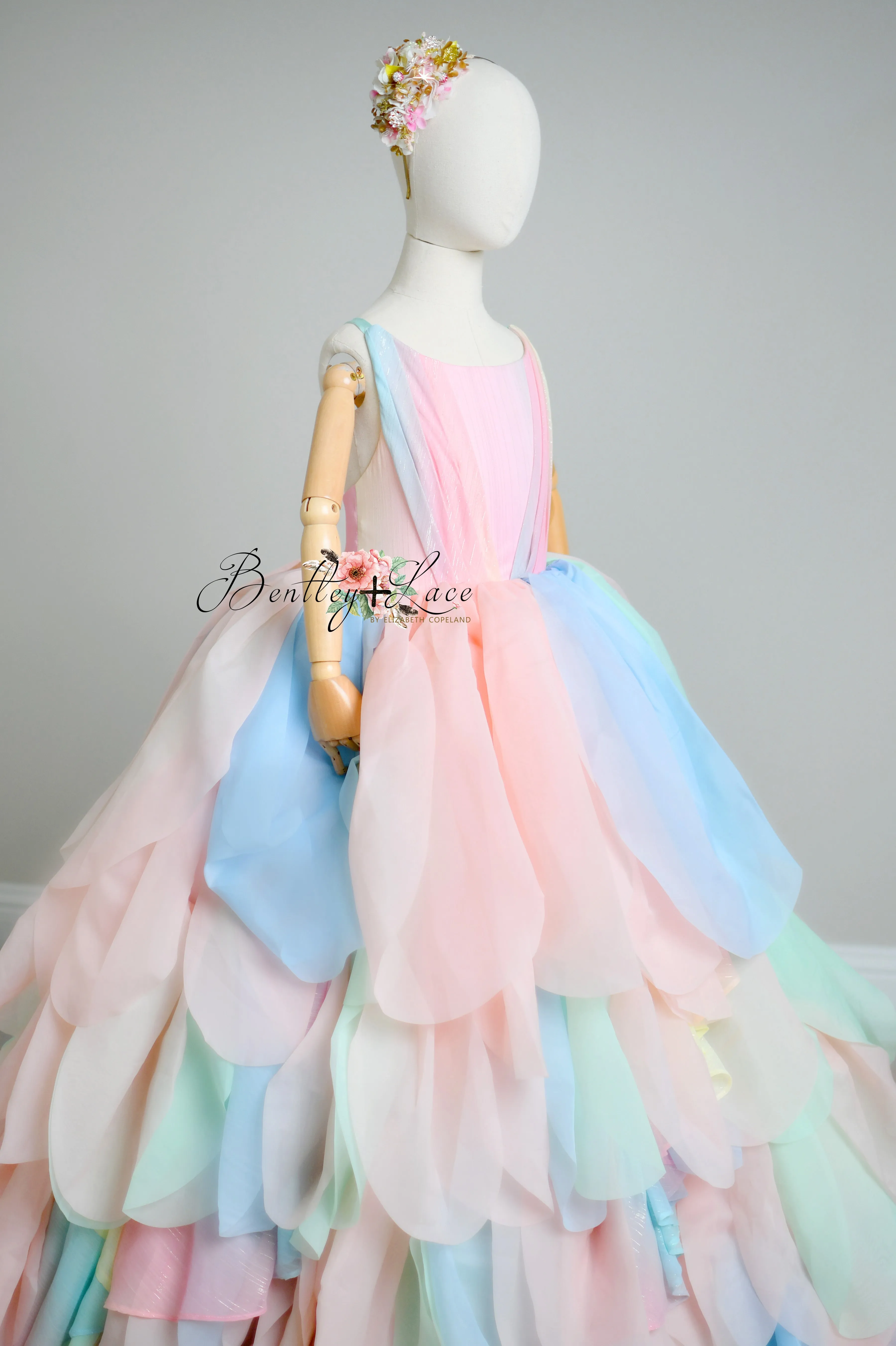 Limited Edition Couture Rental Gown "Petal Whispers" Pastel -  Floor Length Dress  ( 7 Year - Petite 10 Year)