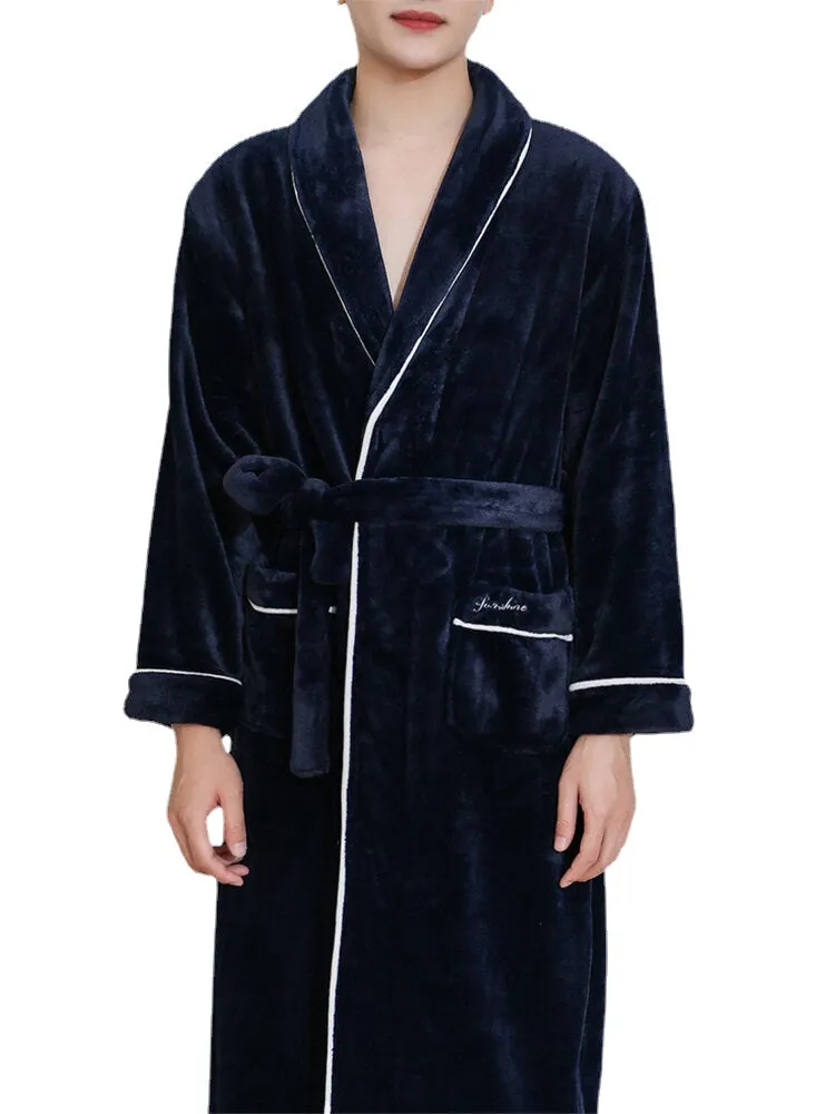 Men Flannel Lapel Double Pocket Warm Belted Robes With Contrast Binding