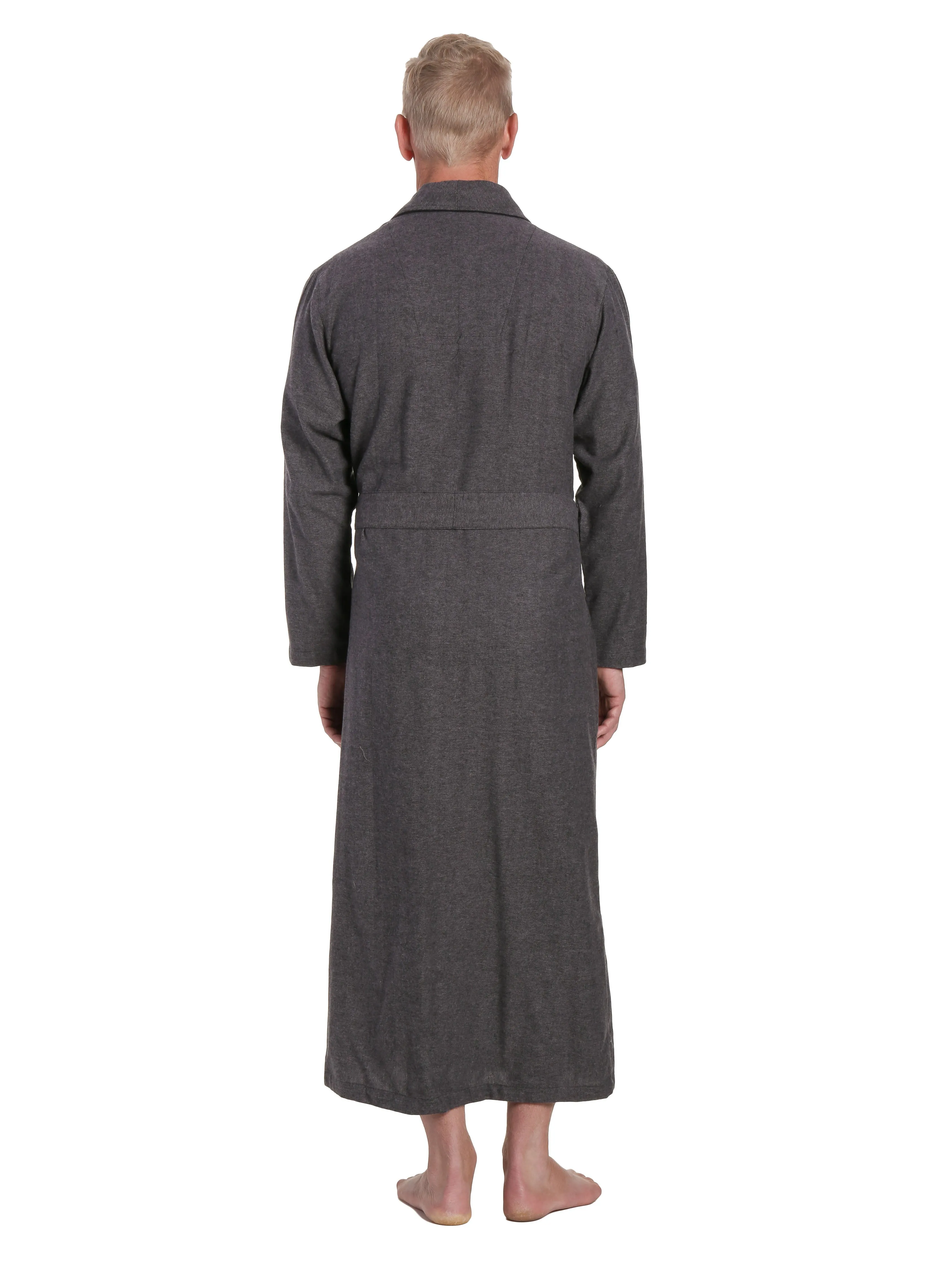 Men's 100% Cotton Flannel Long Robe - Herringbone Charcoal