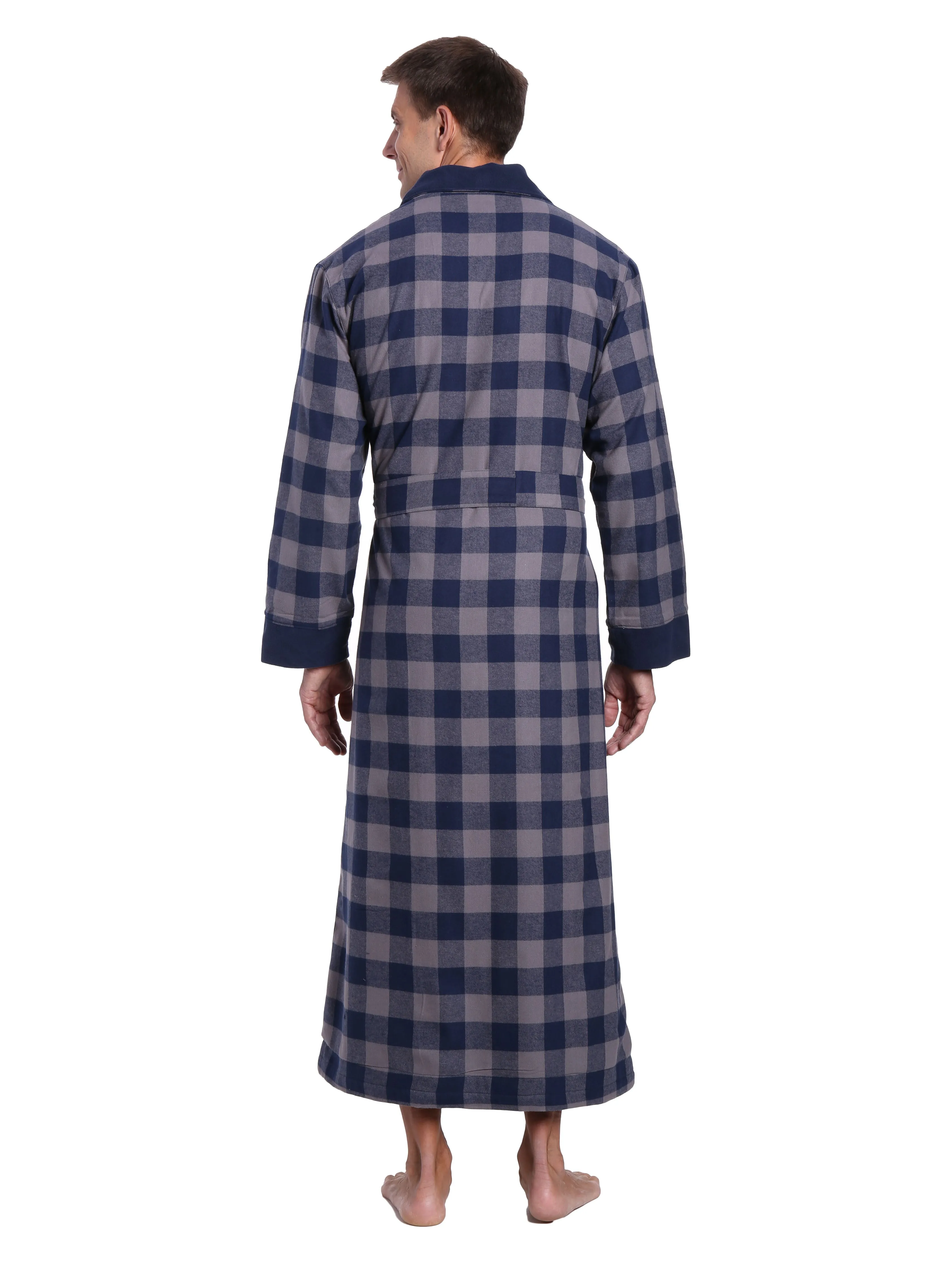 Mens Premium 100% Cotton Flannel Fleece Lined Robe - Gingham Checks - Charcoal-Navy